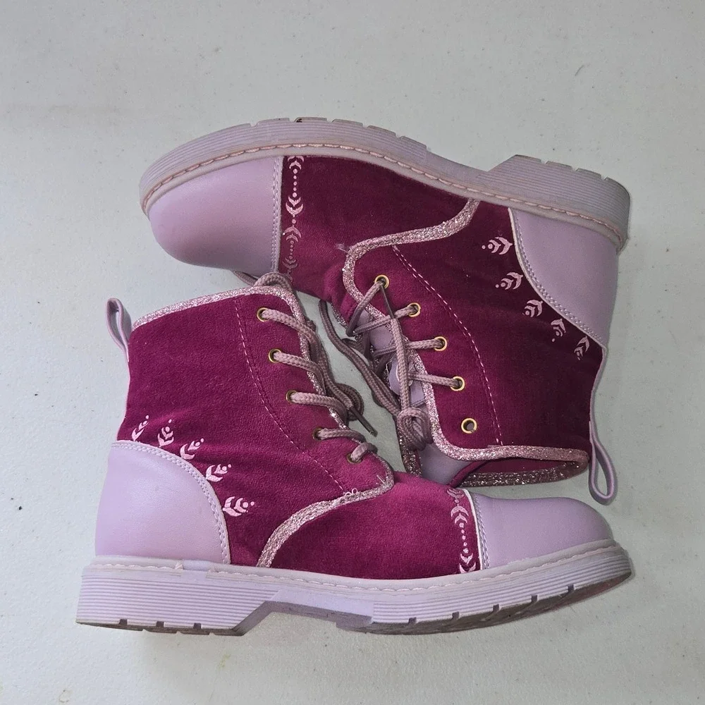 Disney Frozen II Girls Anna Purple Velvet Lace Up Combat Boots Glitter Size 4